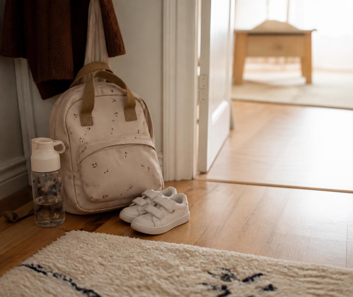 Mochila infantil, garrafa e tênis pequenos perto da porta de casa