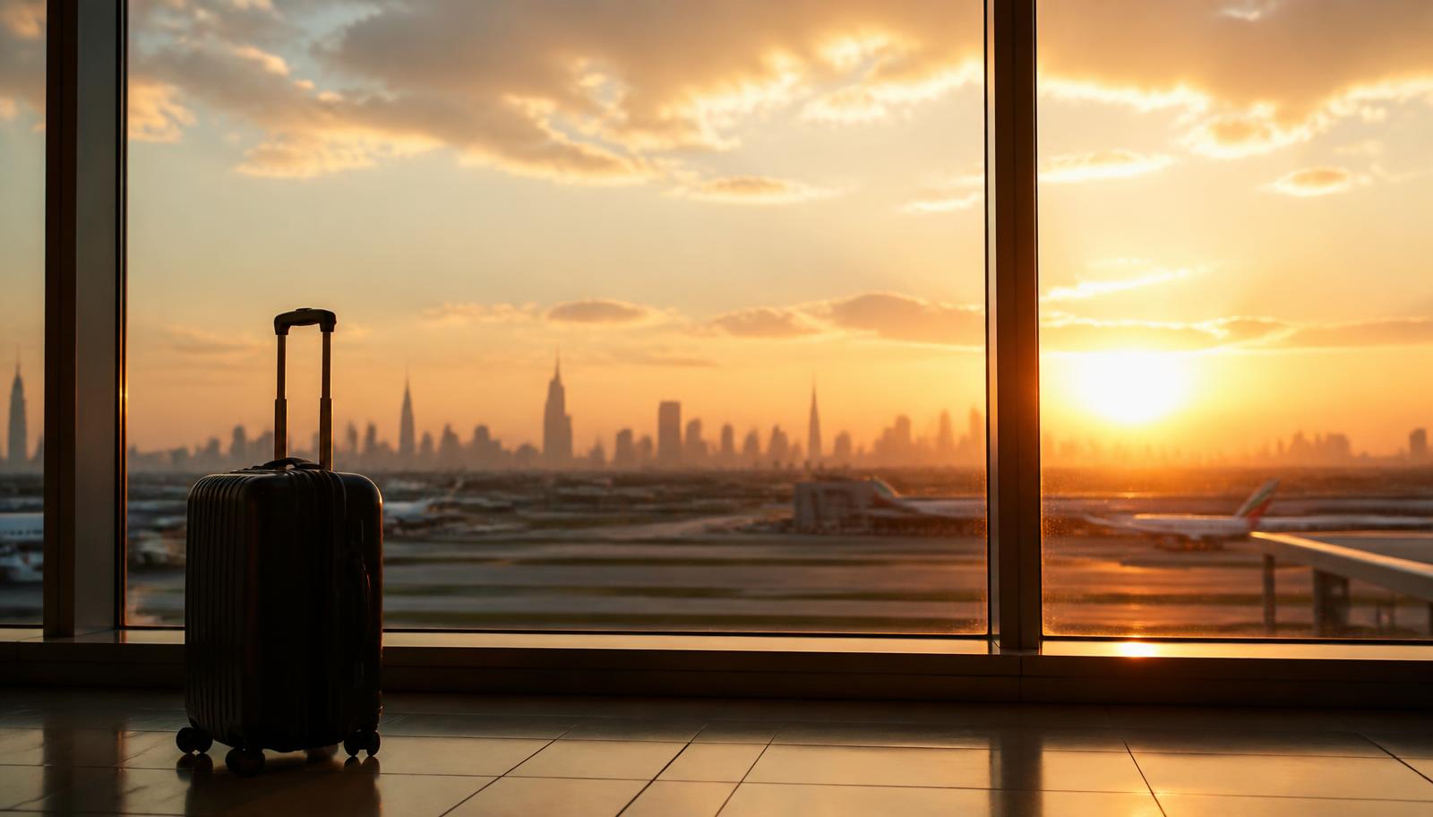 Fim de tarde visto de uma janela de aeroporto, com uma mala em primeiro plano
