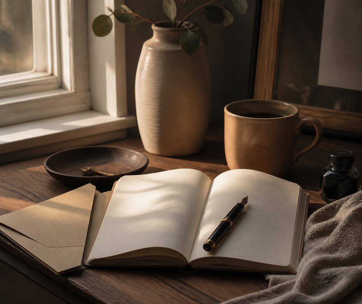 Caderno aberto, caneta e envelope sobre mesa de madeira em luz de fim de tarde